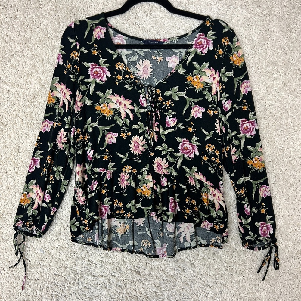 American Eagle Blouse Womens Medium‎ Black Floral Sleeveless Cropped Tie Boho